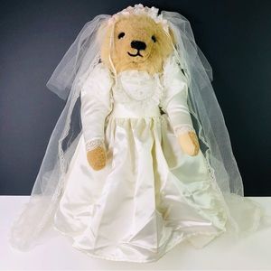 Vintage Bride Bear Toy 17" Beige Fur White Dress Wedding Gown Veil Stand Gift